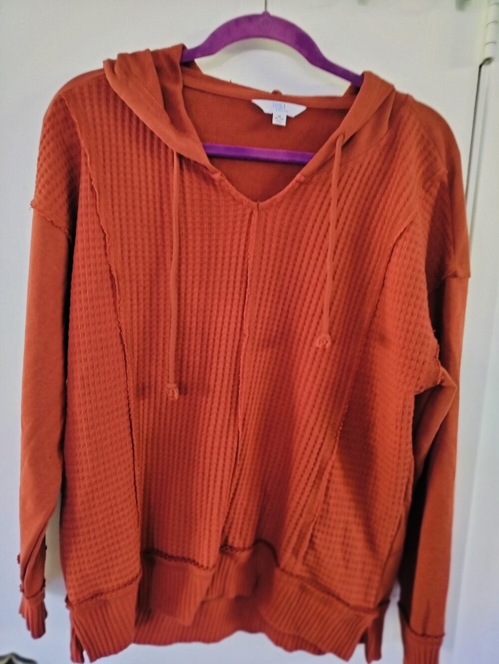 Time and Tru Mixed Media Waffle Knit Hoodie Rust Orange Medium 8-10